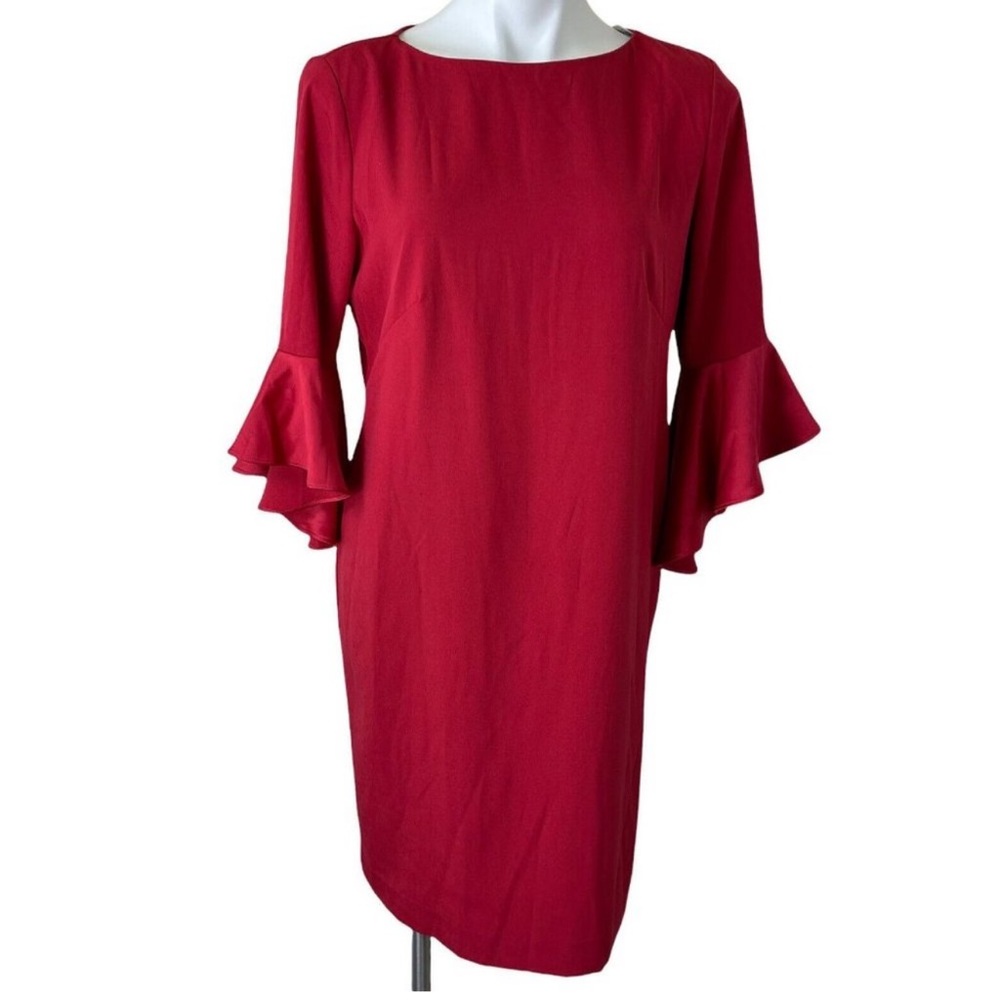 Red Ruffle-Sleeve Sheath Dress - Satin Ruffle